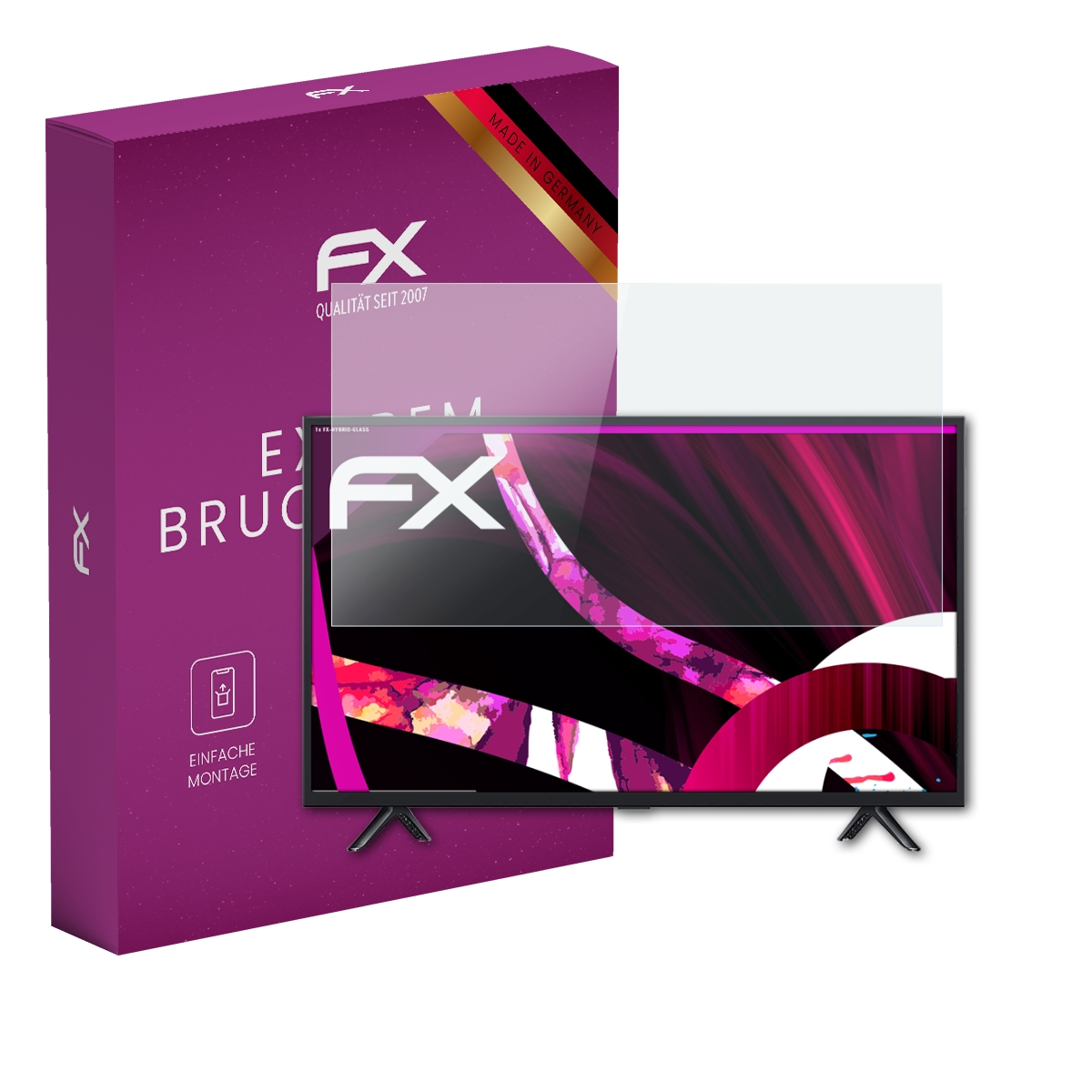 Fernseher mit Schutzfolie und Verpackung.