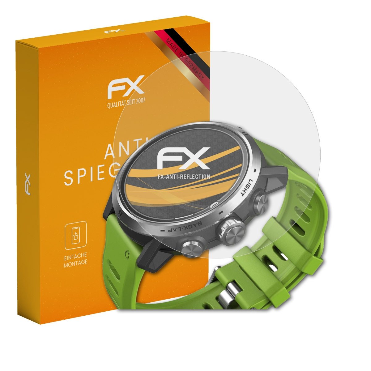 Uhr und Displayschutzfolie. Schachtel mit FX-Logo im Hintergrund. Grünes Uhrenarmband.