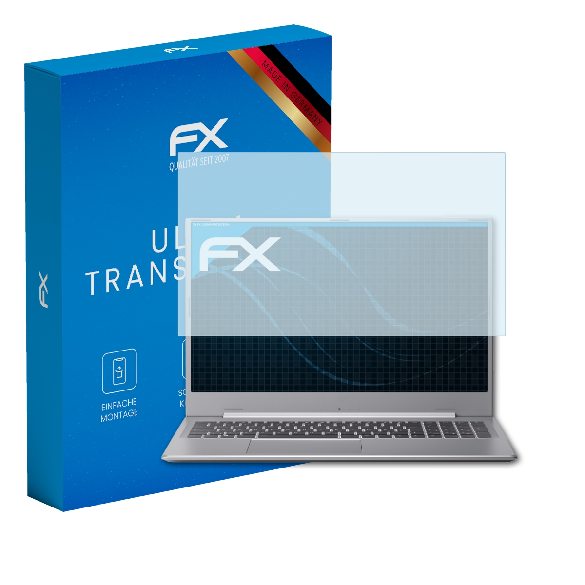 Ein Laptop mit Displayschutz und Box mit 'ULTRA TRANSPARENT' und FX-Logo.