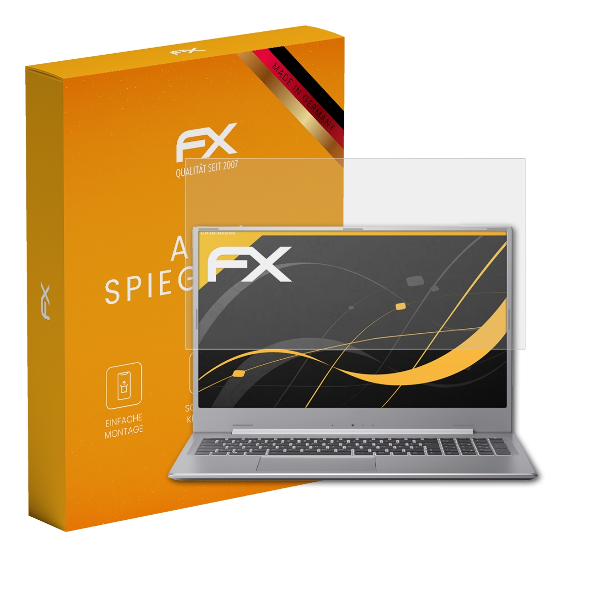 Ein Laptop mit Displayschutz und Box mit 'ANTI SPIEGEL' und FX-Logo.