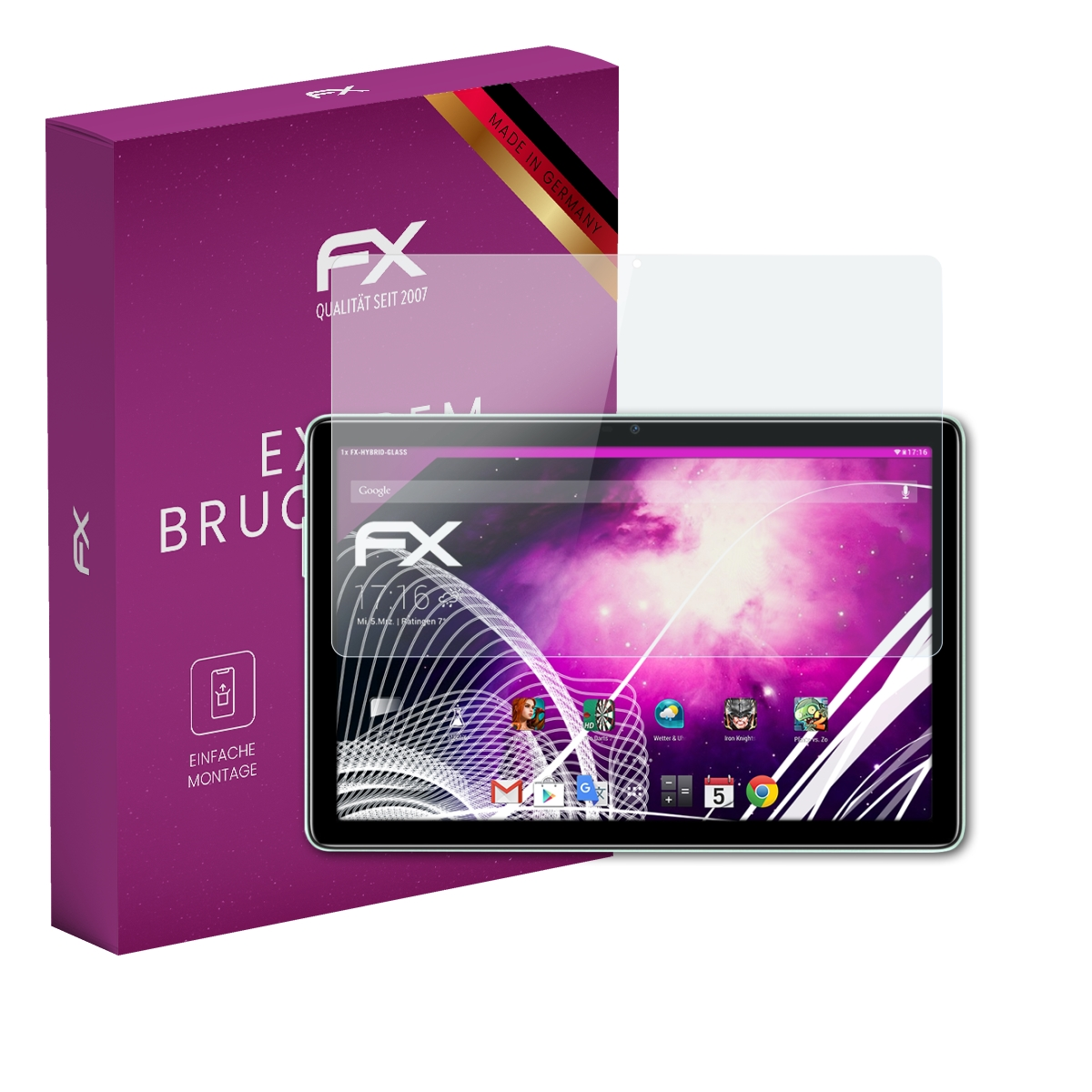 Ein Displayschutz-Kit mit Tablet und Verpackung. Die Box ist lila und trägt die Aufschrift 'FX'.