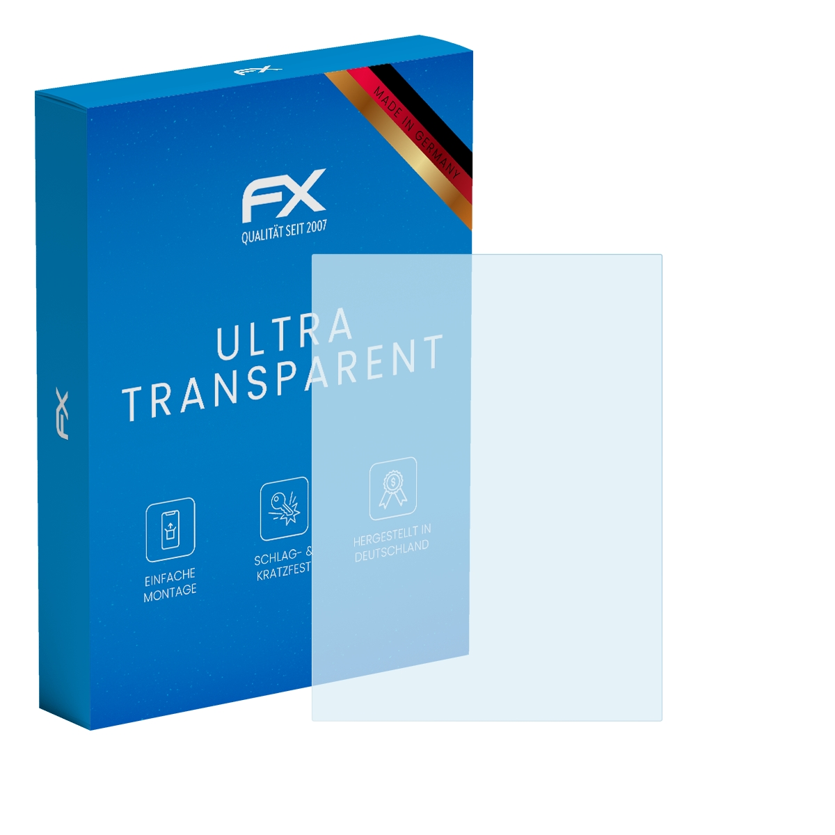 Ein Displayschutz und eine blaue Box mit Text und Symbolen. Der Displayschutz ist klar.