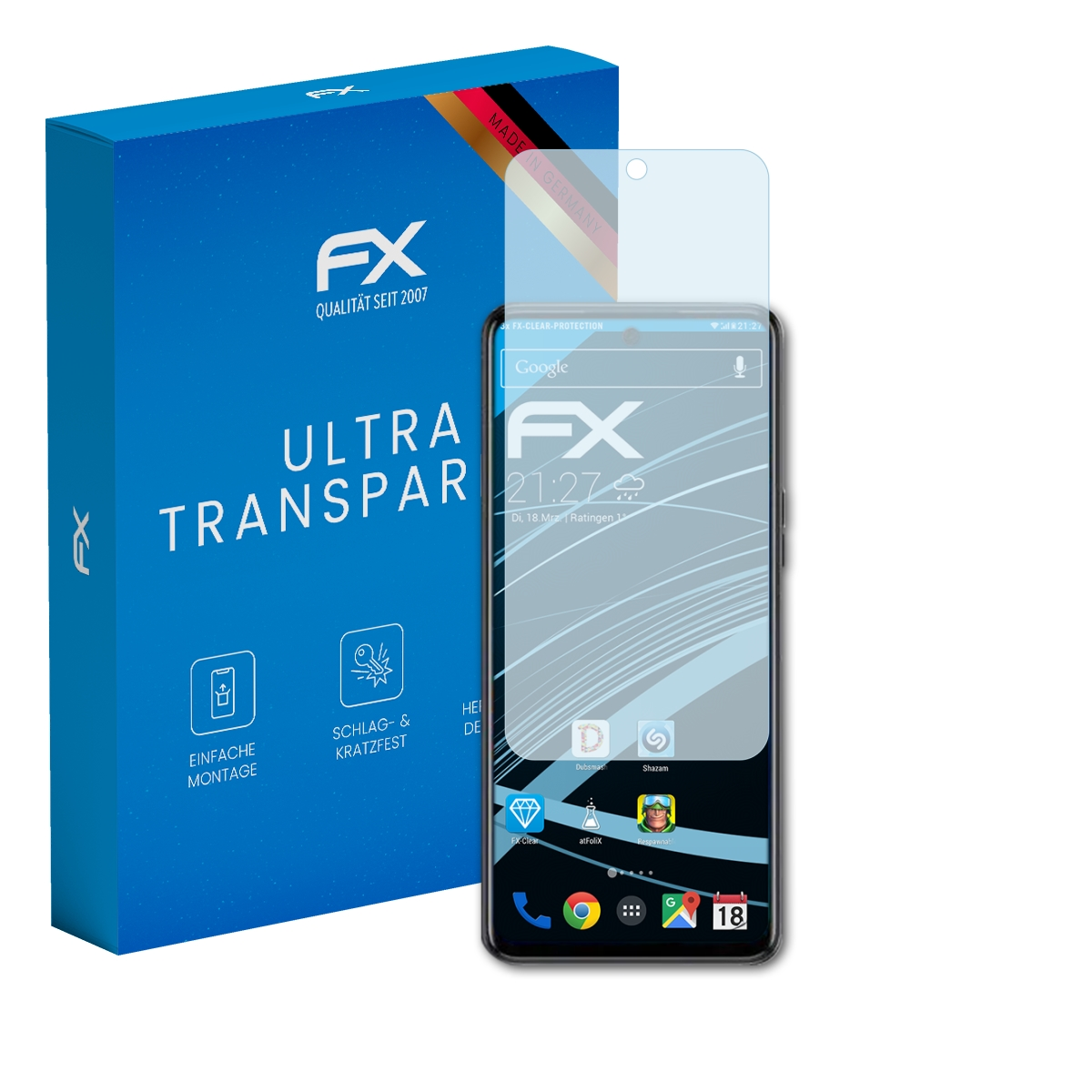 Smartphone mit Displayschutz, blaue Box mit Text.
