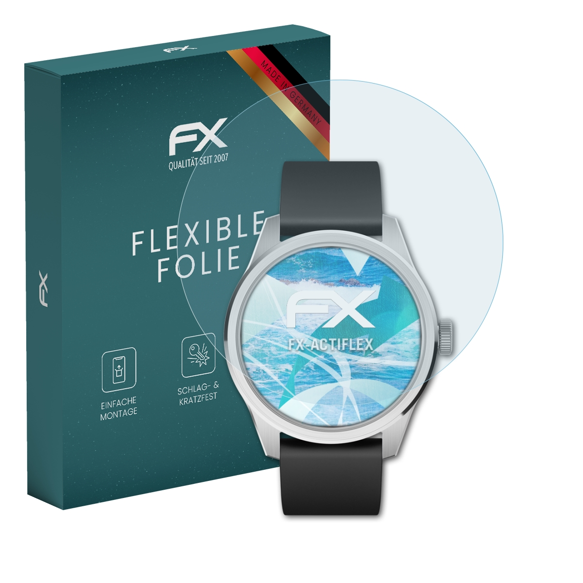 Uhr mit Displayschutz und Box. Text: Flexible Folie, FX. Der Schutz bedeckt das Zifferblatt.