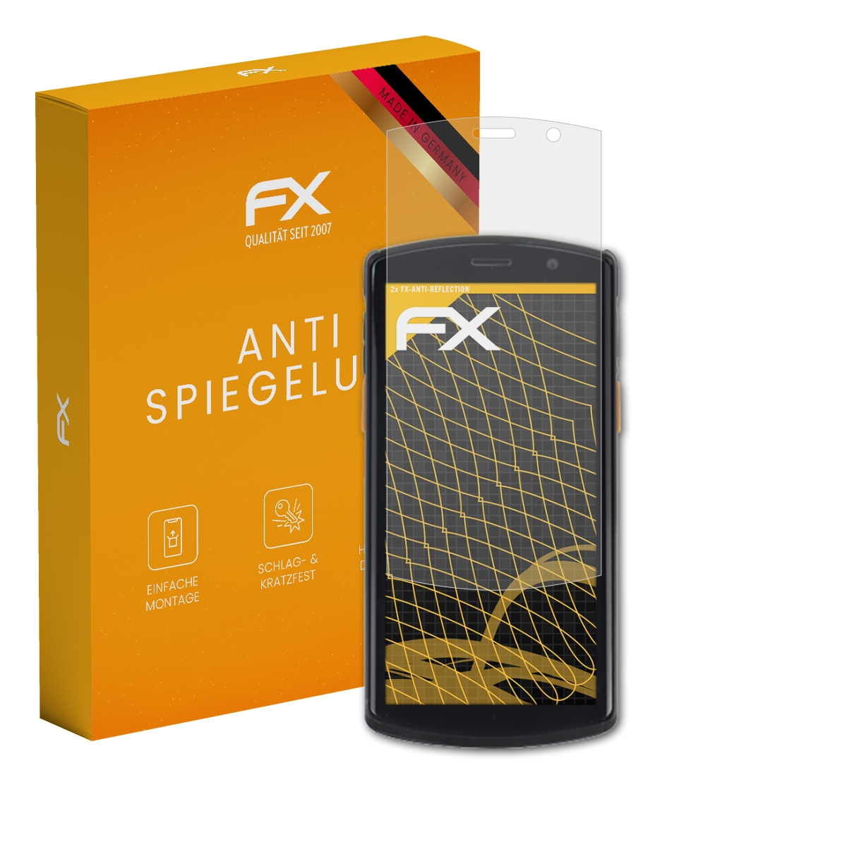 Telefon mit Displayschutz und orangefarbener Box. Der Bildschirm ist schwarz mit gelben Linien.