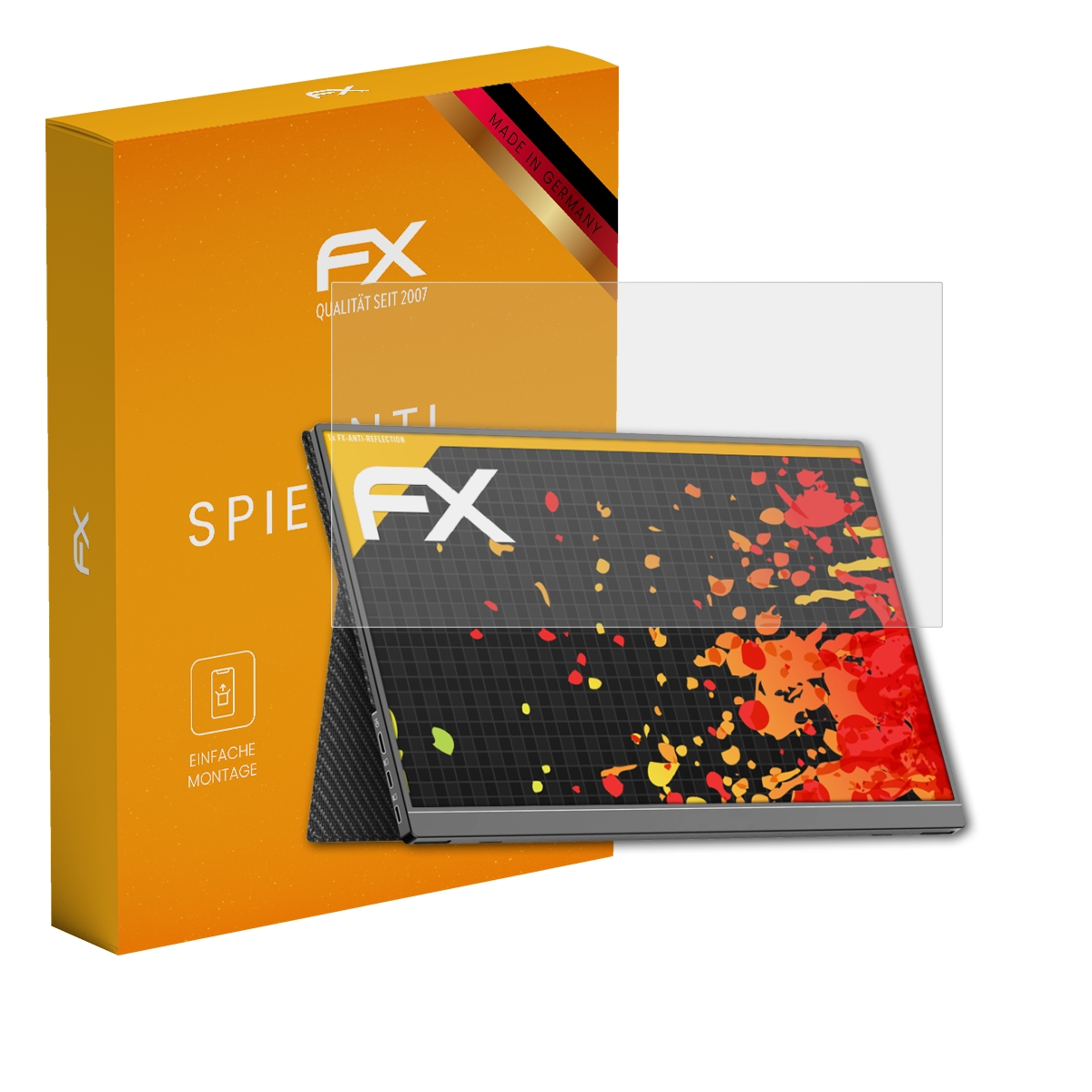 Laptop mit Displayschutzfolie und orangefarbener Box. Laptop zeigt farbenfrohe Grafiken.