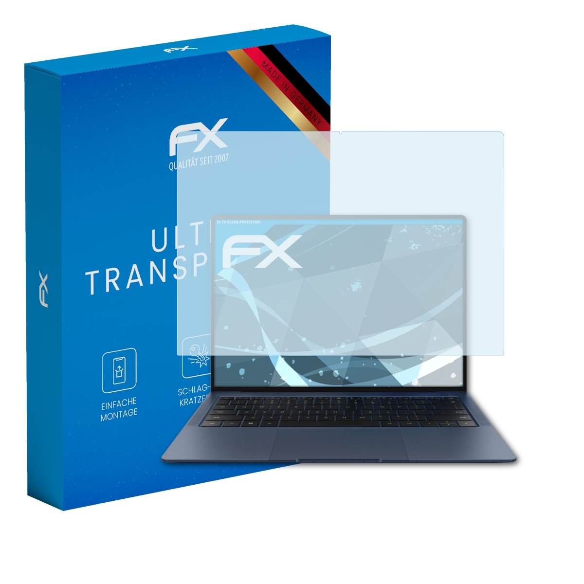 Laptop mit Displayschutz und Box. Bildschirm ist schwarz mit hellblauem Design. Box sagt Ultra Transparent und FX.