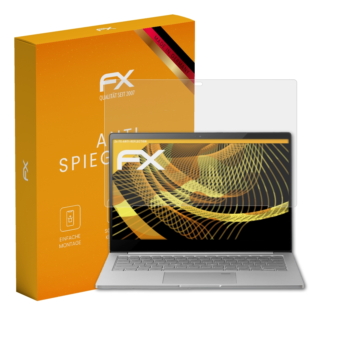 Laptop mit Displayschutzfolie und Verpackung. Die Schachtel ist orange mit weißen und schwarzen Texten.