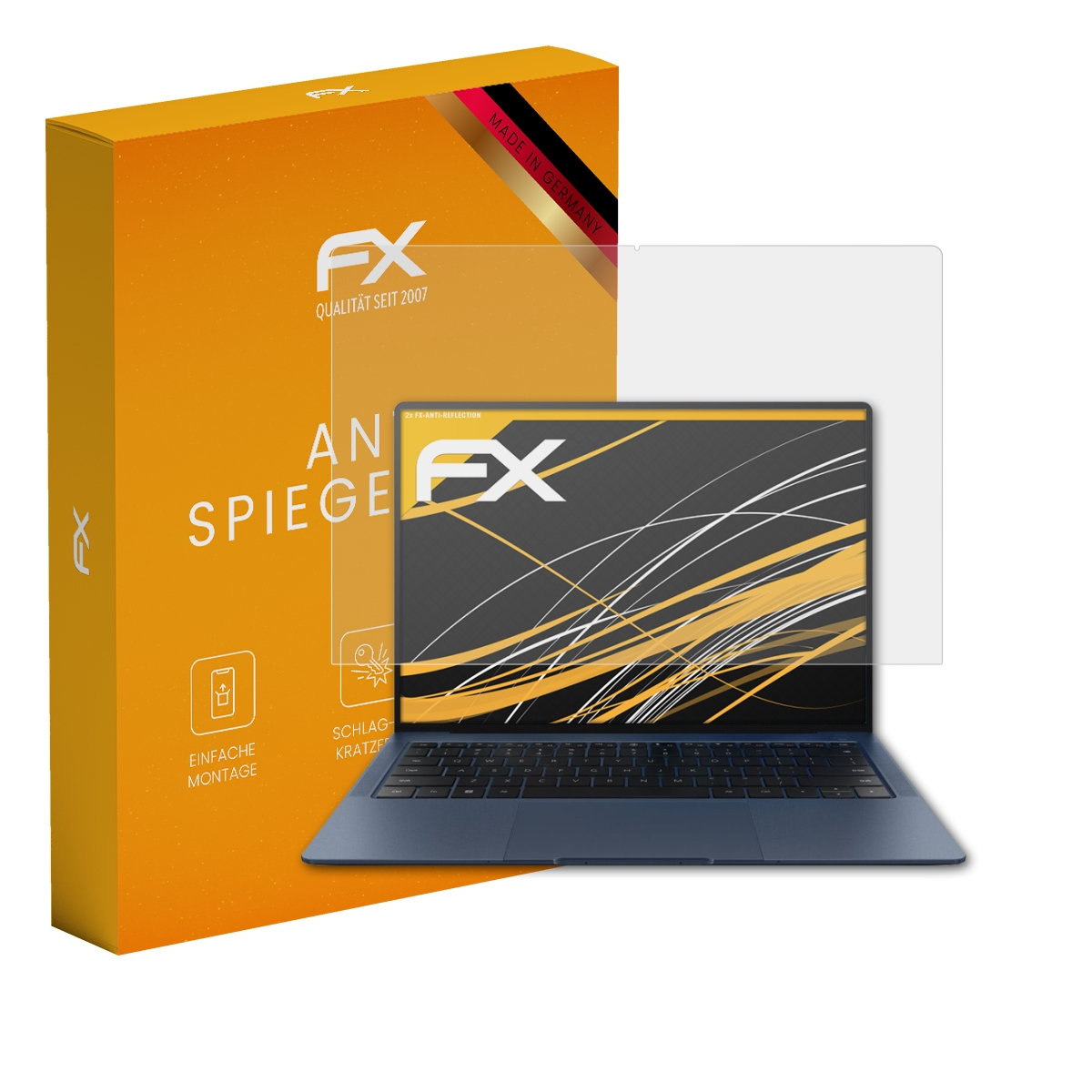 Laptop mit entspiegeltem Displayschutz und FX-Box. Made in Germany.