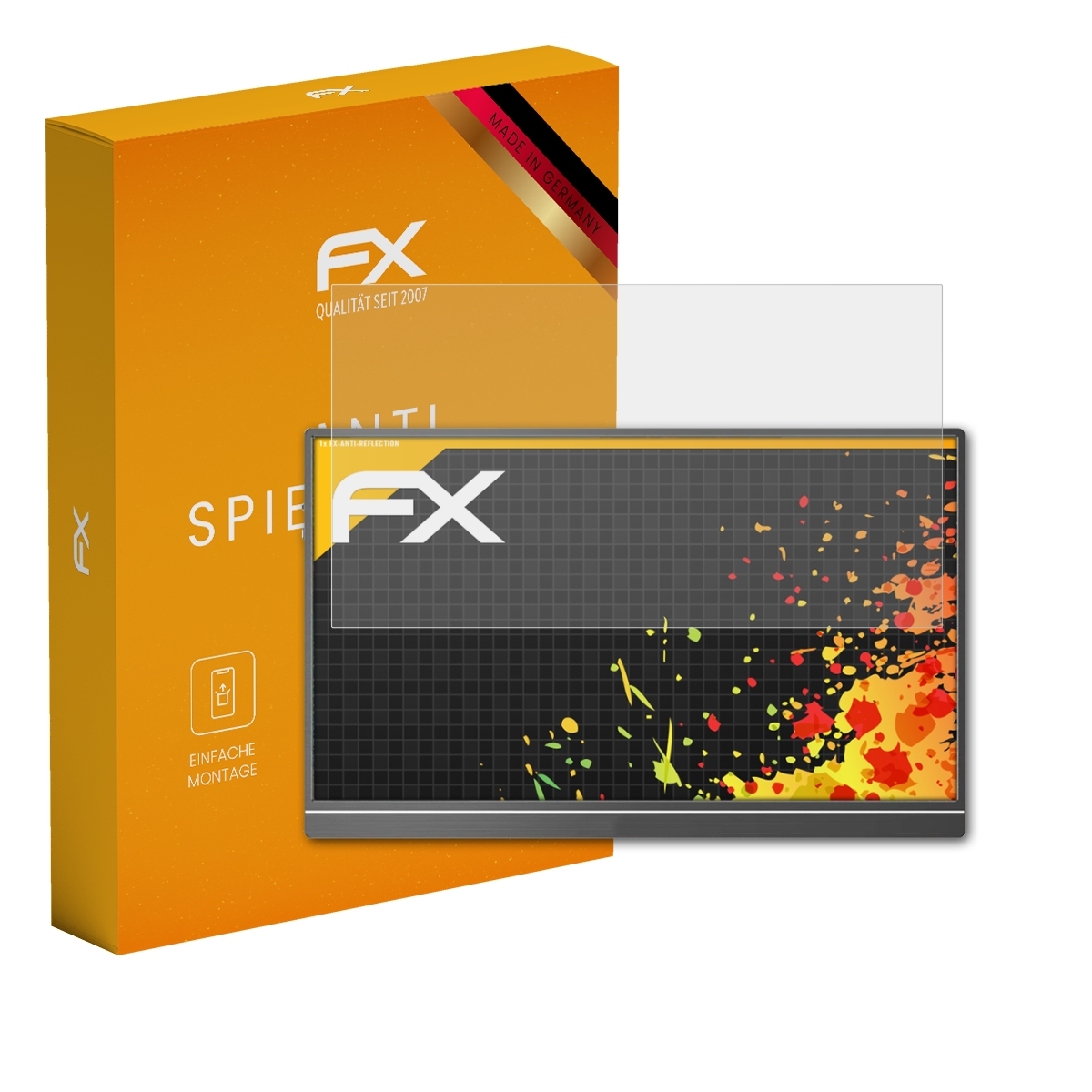 Bildschirm mit Displayschutz und oranger Box mit FX-Logo. Made in Germany.