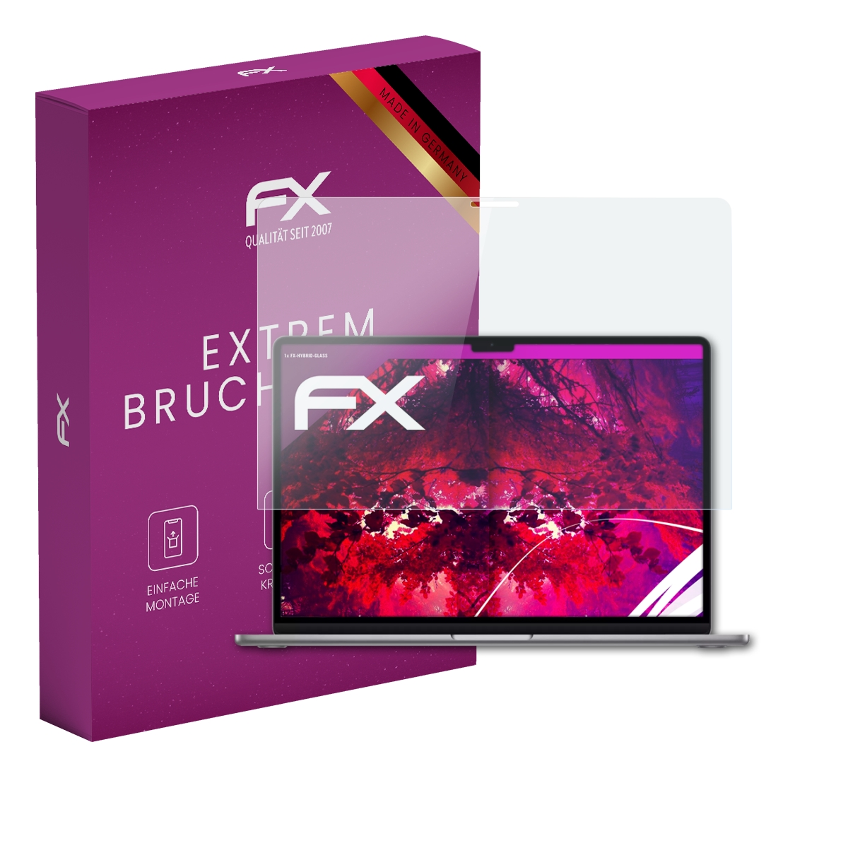 Lila Box, Laptop mit Displayschutz. Text: FX, Extreme Bruch, einfache Montage, kratzfest.