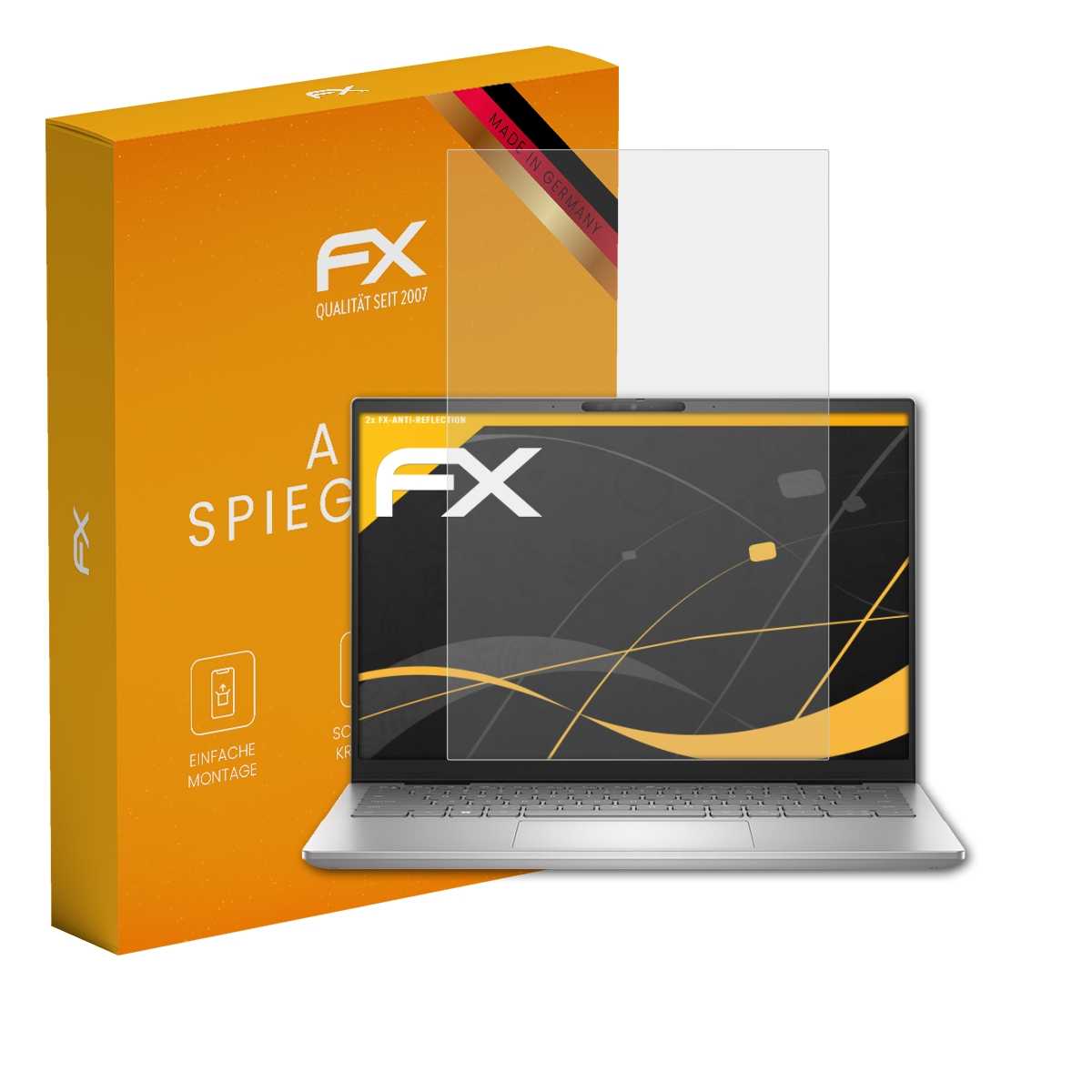 Ein Displayschutz und ein Laptop werden mit einer Box im Hintergrund angezeigt. Die Box hat das FX-Logo.