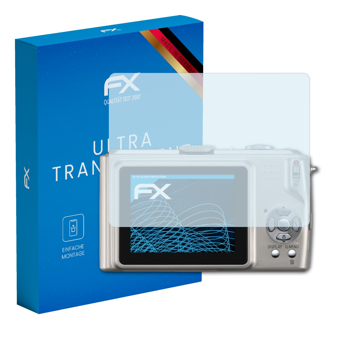 Eine Kamera mit Displayschutzfolie und eine Box mit Produktinformationen und dem Markenlogo.