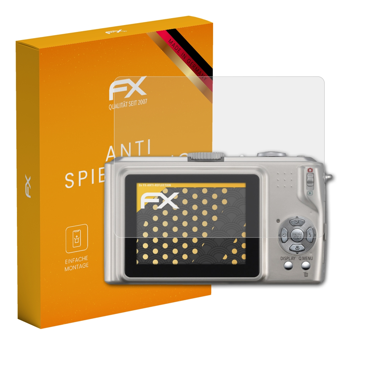 Box und Displayschutzfolie über dem Display einer Kamera. Schutzfolie ist klar, Box ist orange. FX-Logo auf beiden.