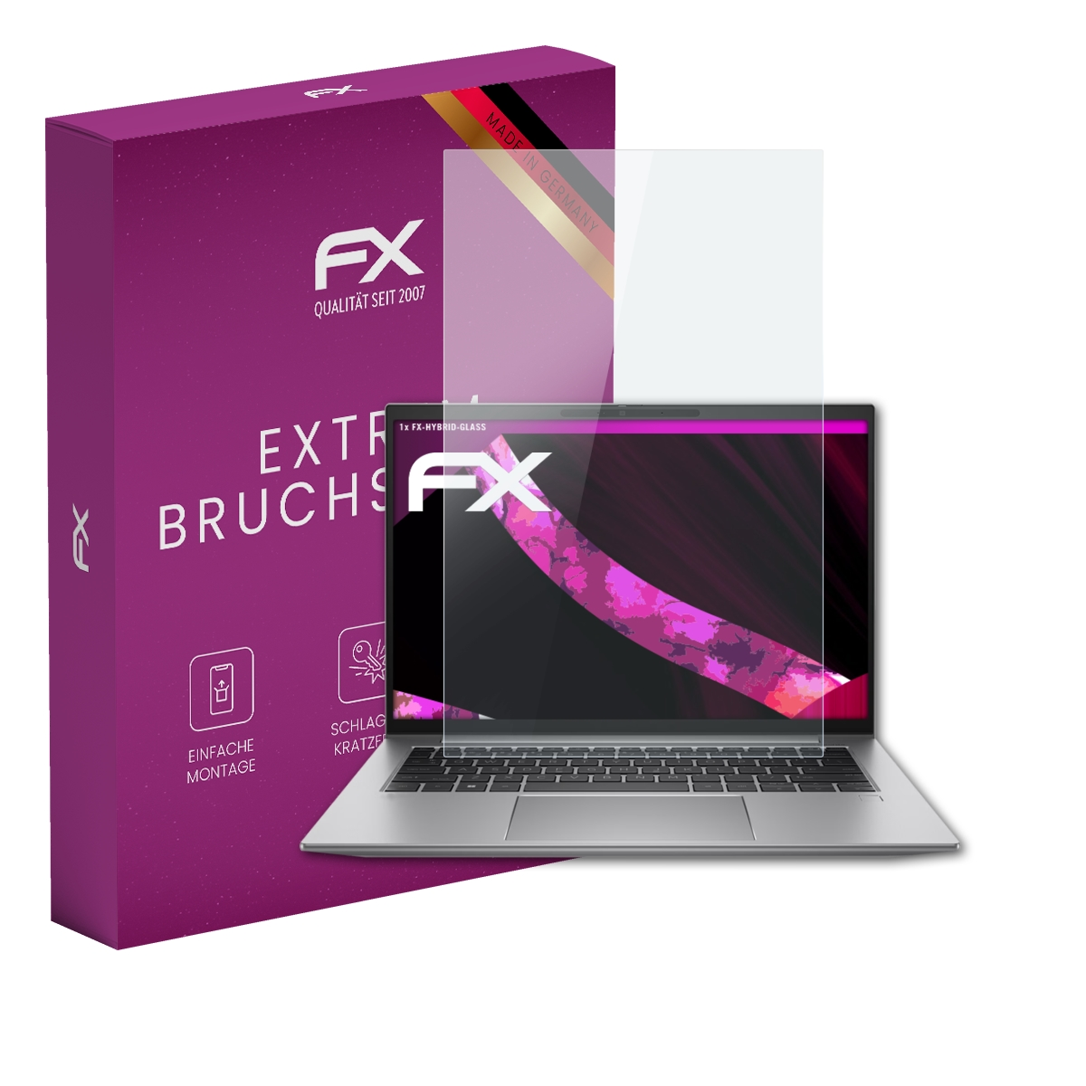 Ein Laptop mit Displayschutz und einer Box mit 'FX'-Logo. Der Bildschirm zeigt ein digitales Bild.