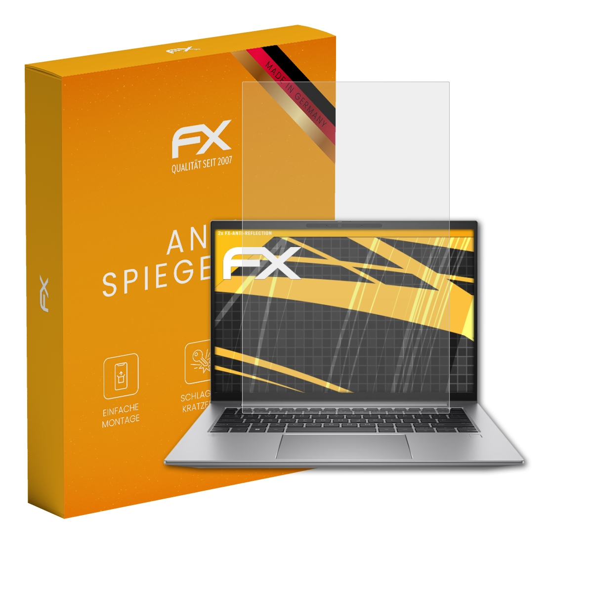 Laptop, Displayschutzfolie und orangefarbene Box. Laptop hat Bildschirm an, Schutz über Bildschirm, Box zeigt FX-Logo.