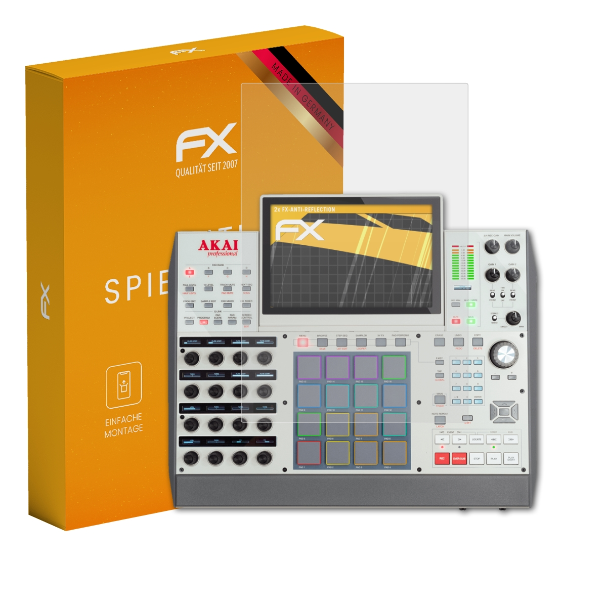 Musikproduktionsgerät mit Displayschutz, Box. Schutz ist transparent. Die Box ist orange.