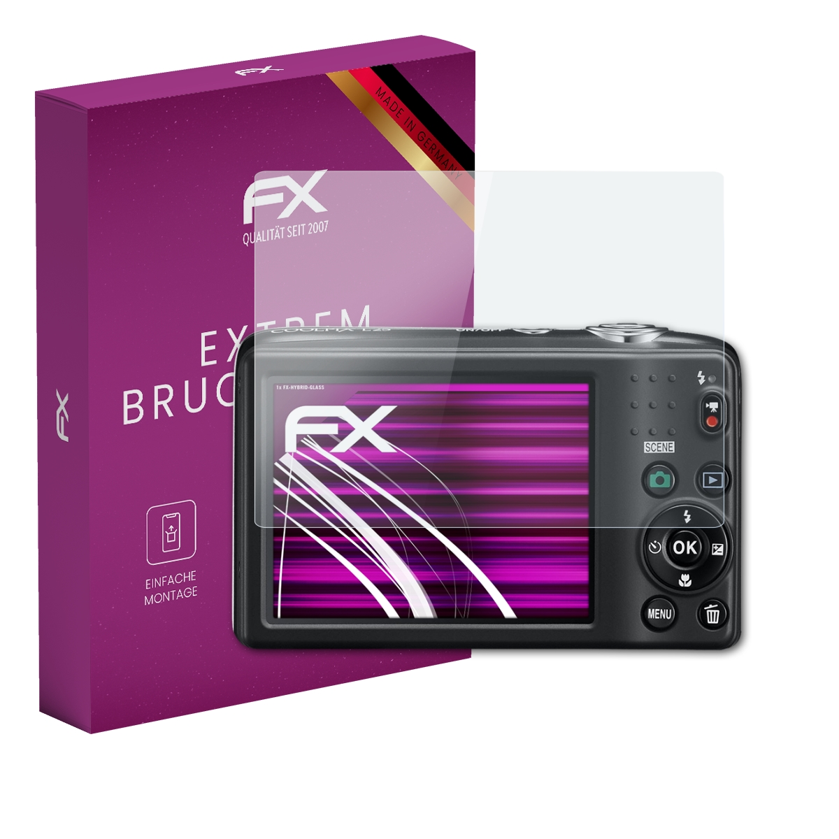 Kamera mit Displayschutzfolie, lila Box links. FX-Produkt. Klare Schutzfolie und Kamera-Bildschirm.