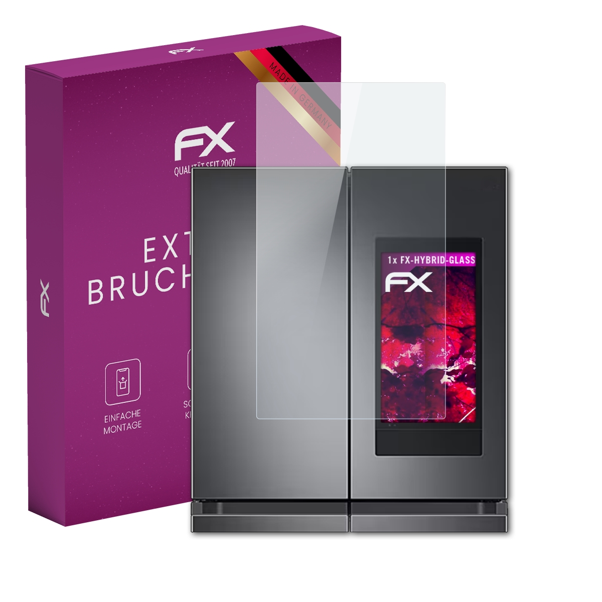 Kühlschrank mit Displayschutz, lila Box mit 'FX' Text, und 'Made in Germany' Aufkleber.