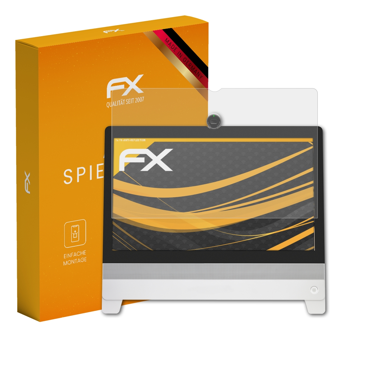 Ein Monitor mit Displayschutz. Eine orangefarbene Box mit 'FX'-Logo links.