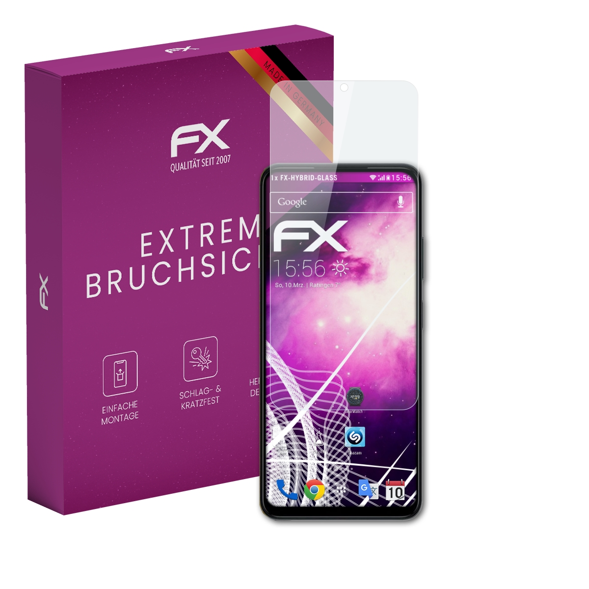 Ein Telefon mit Displayschutz. Eine lila Box mit 'FX'-Logo links. Das Telefon zeigt die Uhrzeit an.