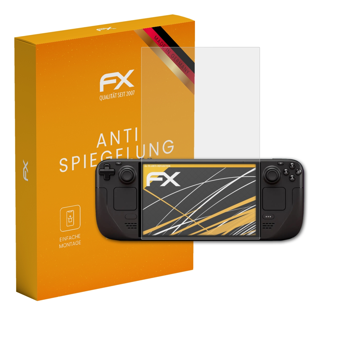 Ein Steam Deck mit Displayschutz und eine orangefarbene Box mit dem FX-Logo und den Worten 'Anti Spiegelung'.