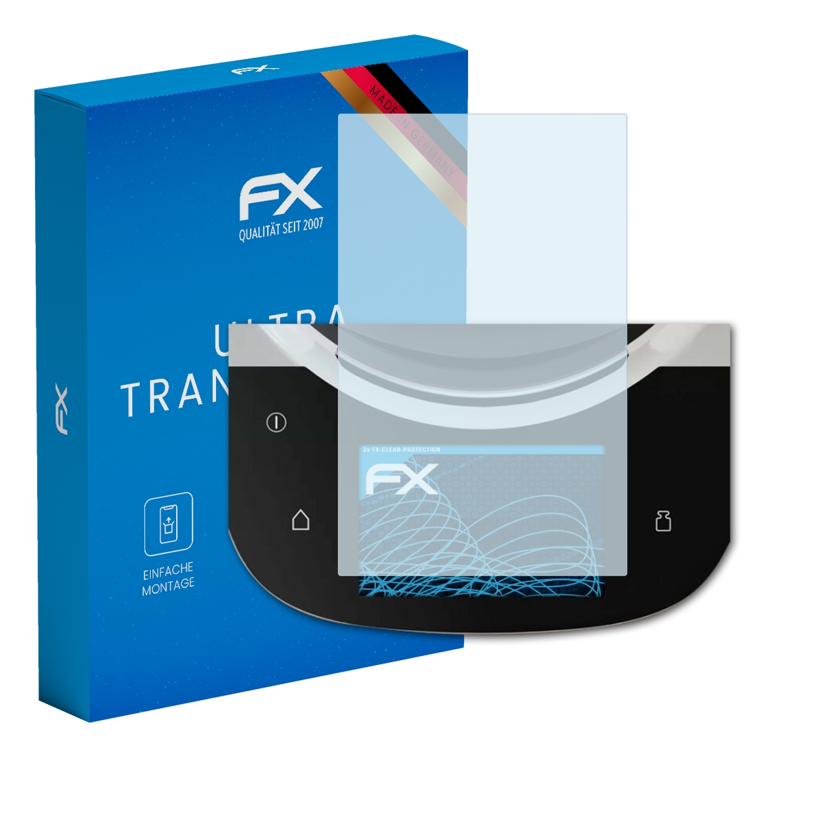Ein Gerätebildschirm, Displayschutz und Box mit Text. Der Gerätebildschirm ist an. Die Box sagt 'Ultra Transparent'.