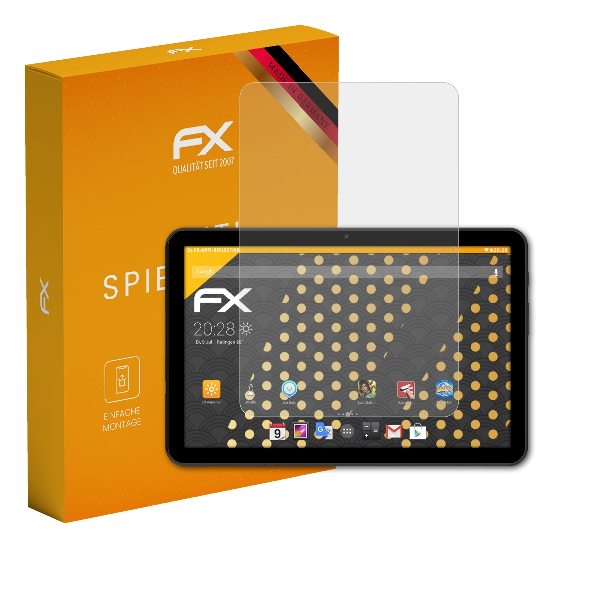 Tablet mit Displayschutz, Box mit Text 'ANTI-SPIEGELUNG'.