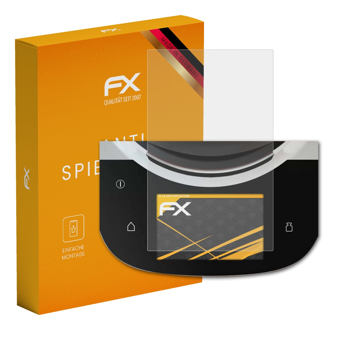 Ein GPS-Displayschutz und eine Box mit deutschem Text über einem GPS-Gerät mit Bildschirm.