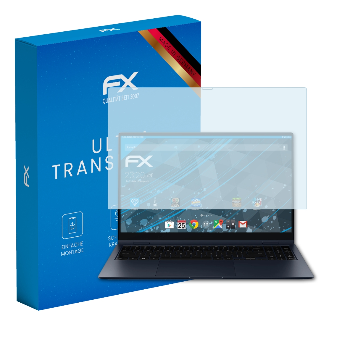 Laptop mit Displayschutz und einer blauen Box mit FX-Logo und deutschem Text. Laptop ist blau.