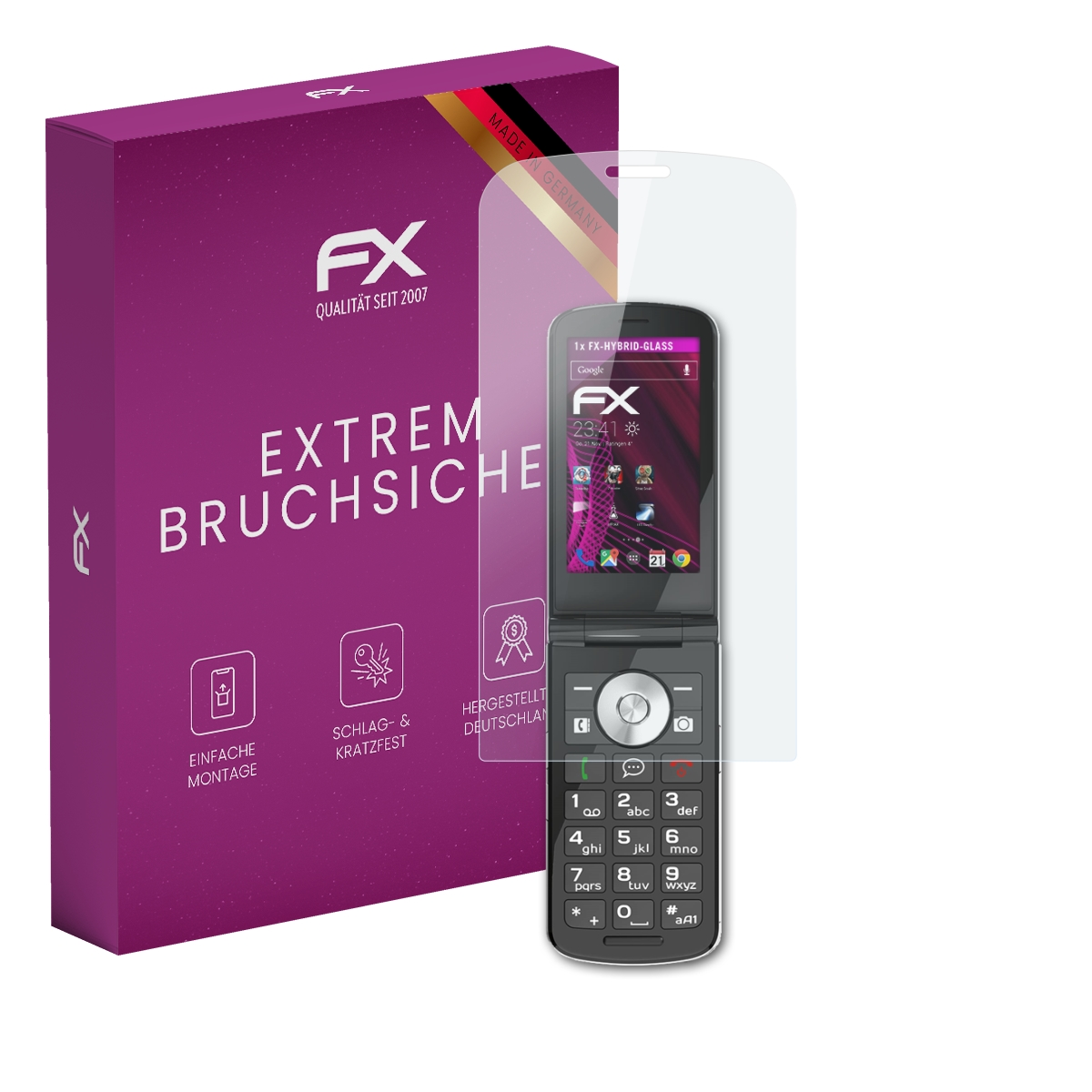Ein Klapphandy mit Displayschutzfolie neben einer lila Box mit der Aufschrift 'Extrem Bruchsiche'.
