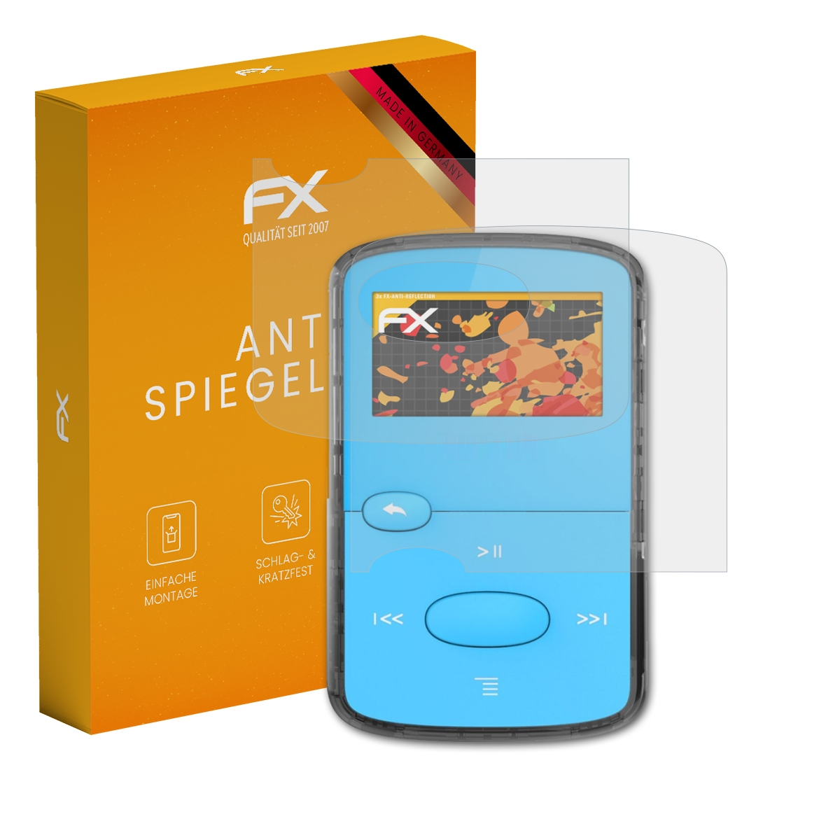 Blauer Mediaplayer mit Displayschutz, gelbe Box mit 'FX' Text, und 'Made in Germany' Aufkleber.