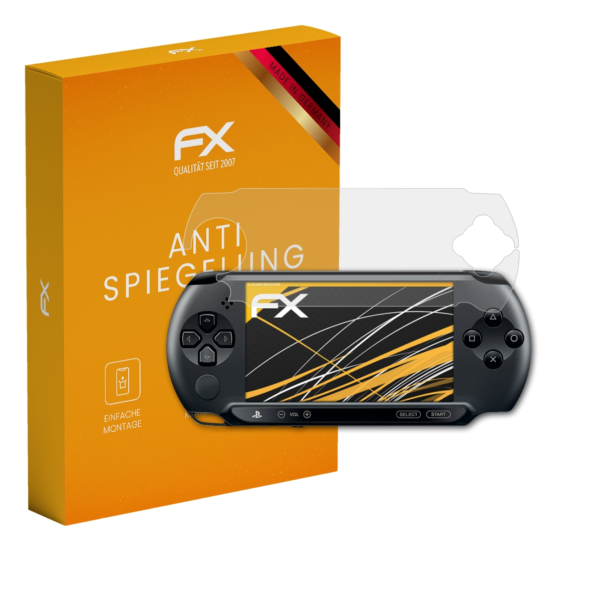 Eine schwarze Handheld-Konsole mit Displayschutzfolie neben einer orangefarbenen Box. FX-Logo auf beiden.