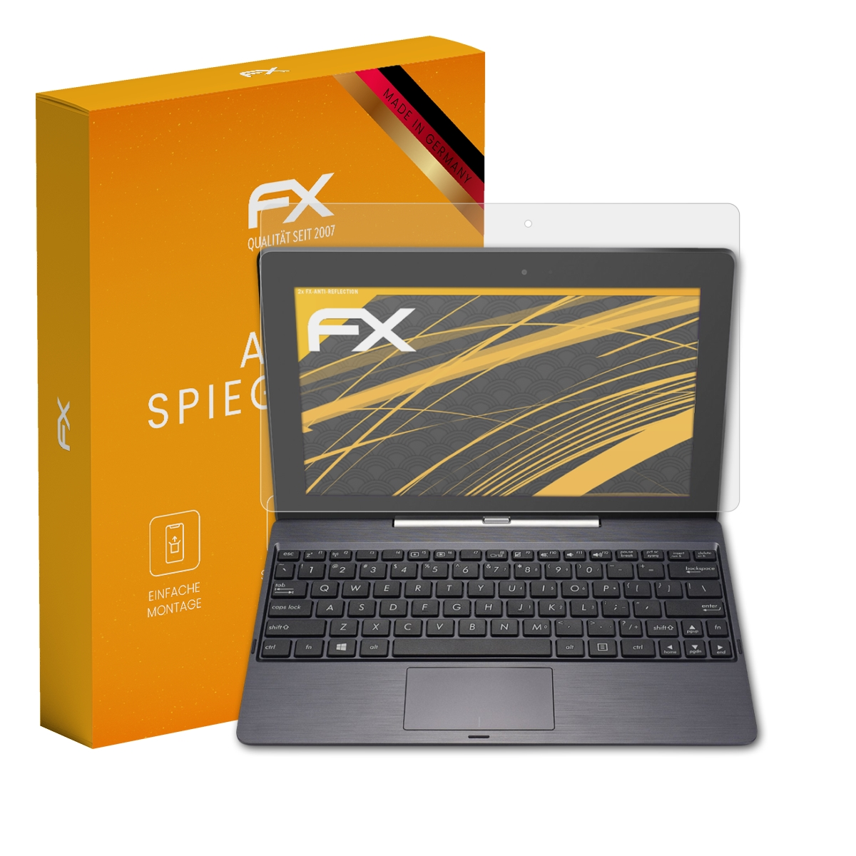 Laptop mit Displayschutzfolie, Box links. Schutz auf dem Bildschirm. Tastatur ist sichtbar.