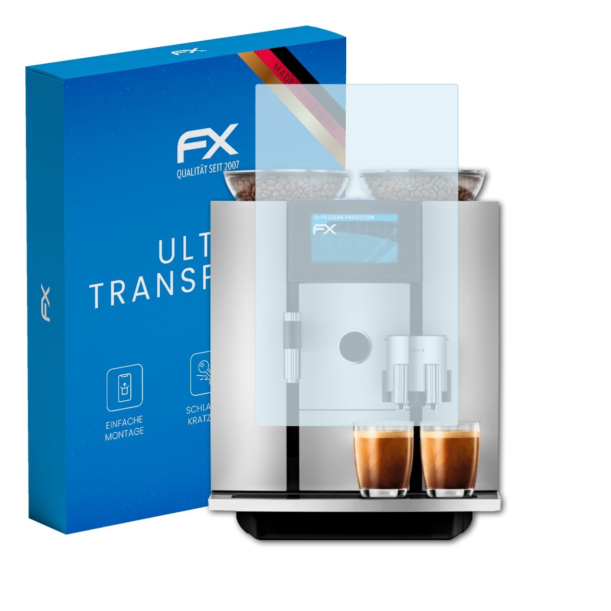 Kaffeemaschine mit Displayschutzfolie und Box, mit 'FX' Branding.
