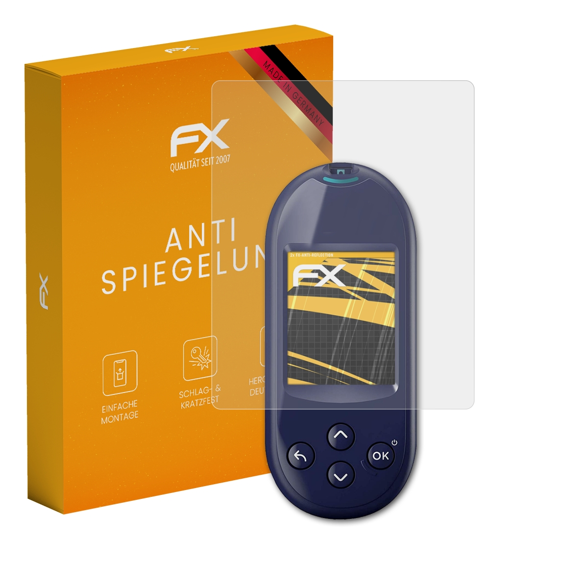 Orange Box mit Displayschutzfolie und Fernbedienung. Box sagt 'FX Anti Spiegelung'.