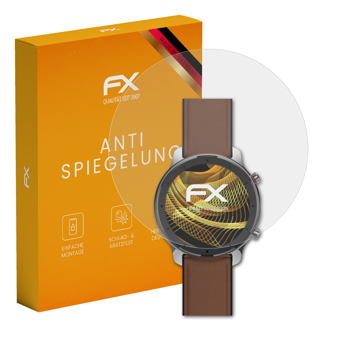 Smartwatch mit Displayschutz und orangefarbener Box. Schutz auf dem Zifferblatt, braunes Armband.