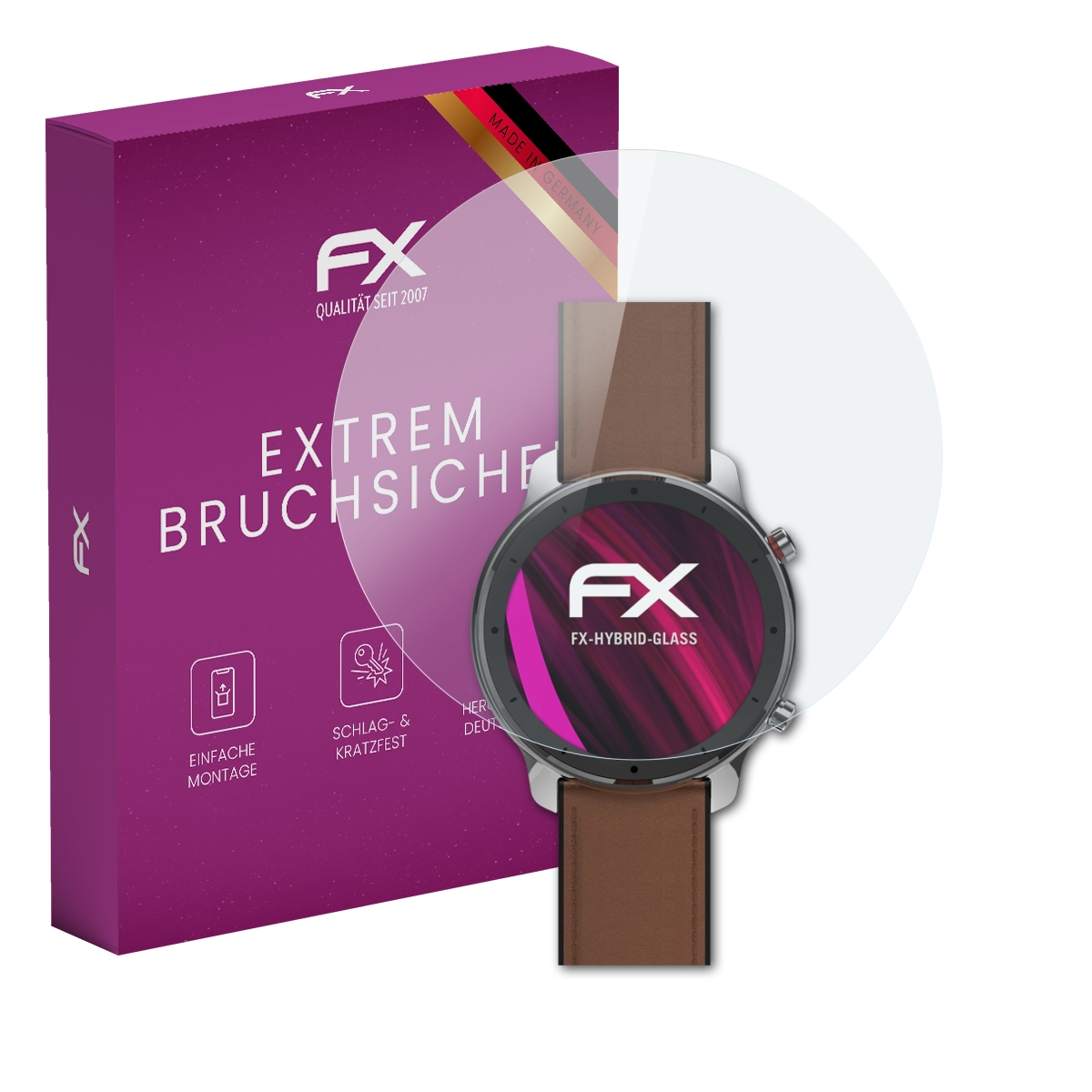 Smartwatch mit Displayschutz, Box mit Logo.
