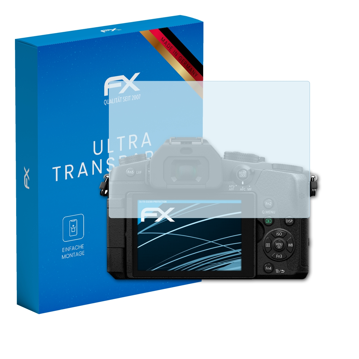 Kamera mit FX-Displayschutz und blauer Box. Text: Ultra Trans, Made in Germany, FX Qualitat Seit 2007.