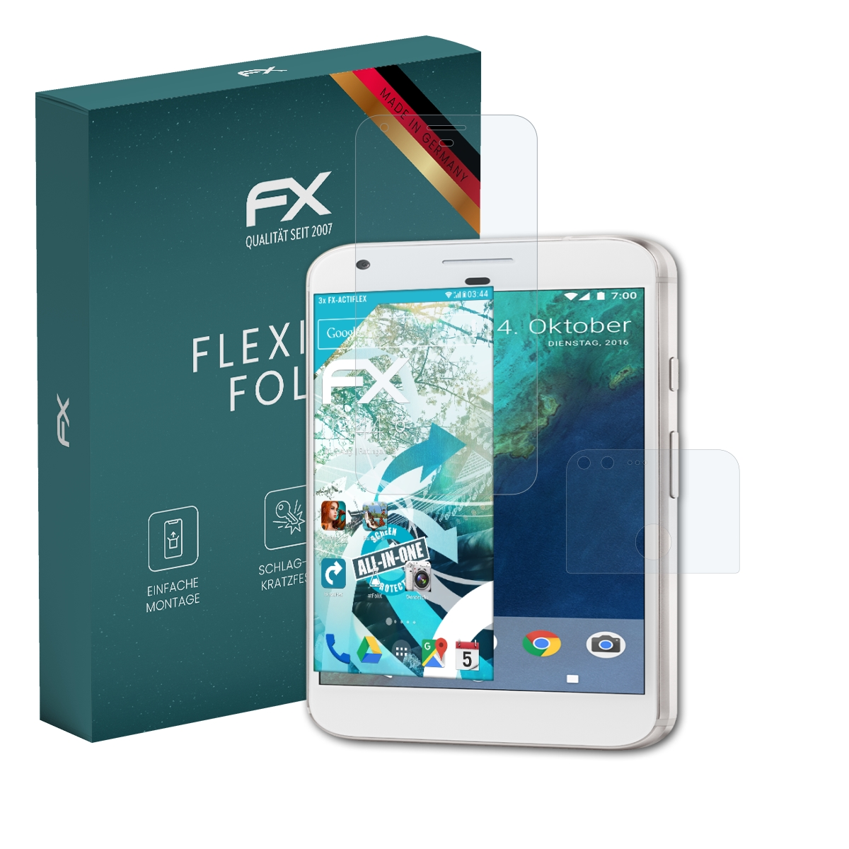 Ein weißes Telefon mit Displayschutzfolie neben einer Box. Der Schutz ist klar, die Box ist grün, mit Text.