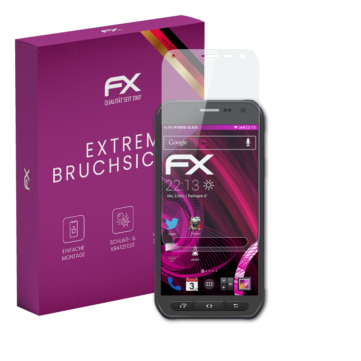 Lila Box mit schwarzem Telefon und Displayschutz. Telefon zeigt Zeit, Apps und FX-Logo.