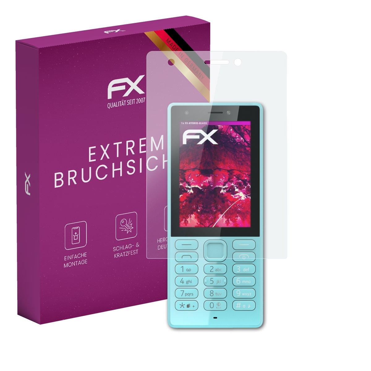 Ein türkisblaues Telefon mit Displayschutz, eine lila Schachtel mit 'FX'-Logo und Text. Hergestellt in Deutschland.