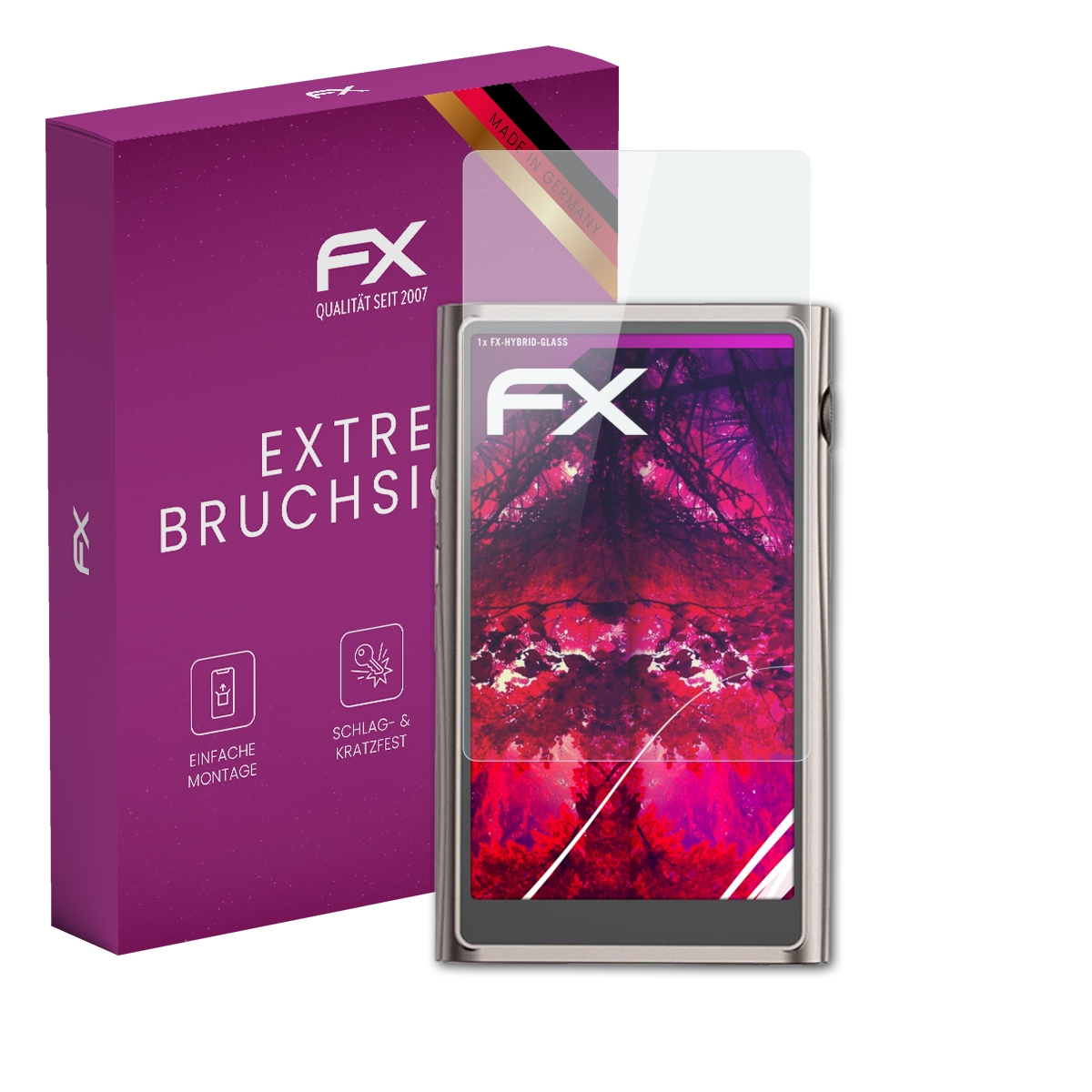 Mediaplayer mit Displayschutz und Box.