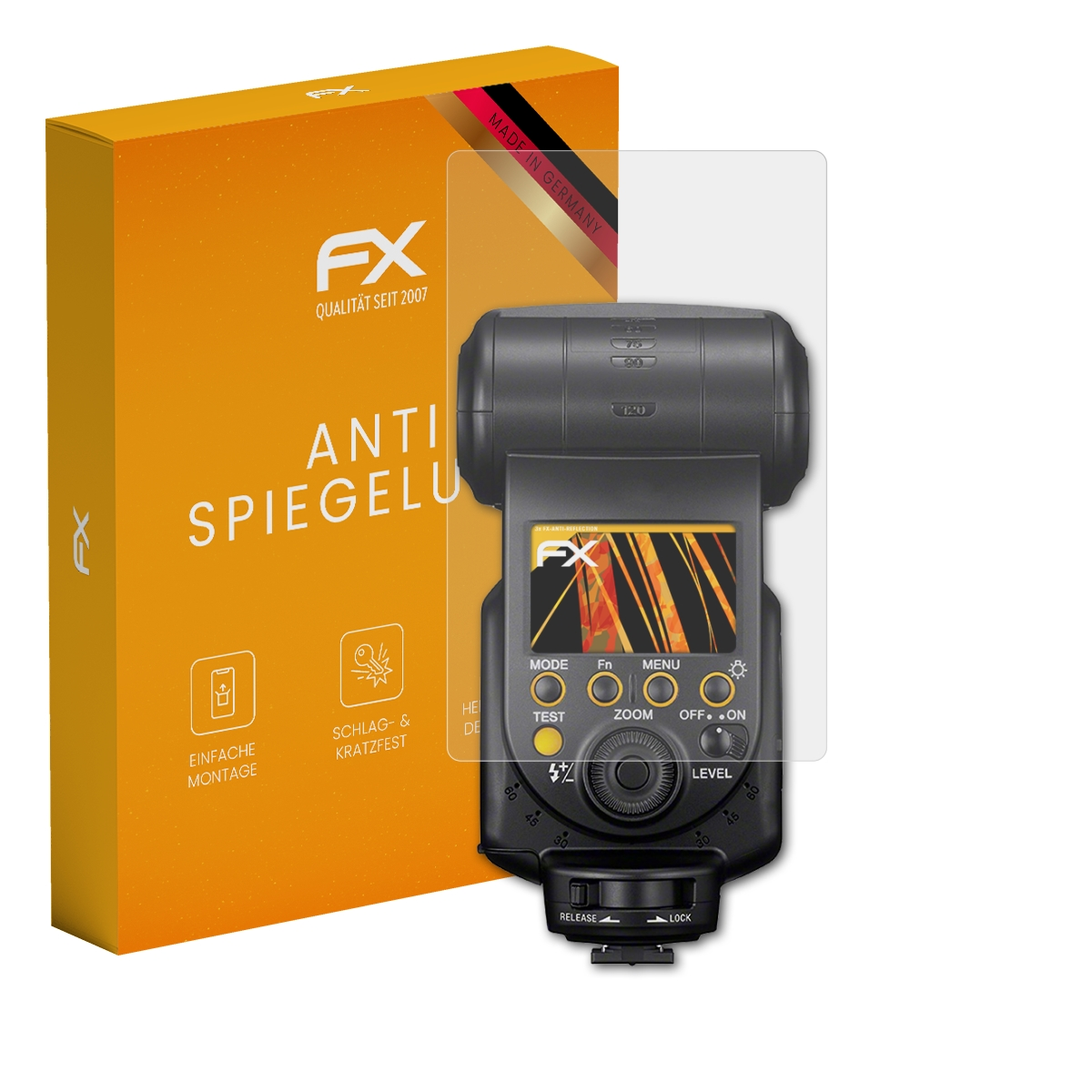 Blitzgerät mit Displayschutzfolie, FX-Box. Bildschirm zeigt Blitzeinstellungen.