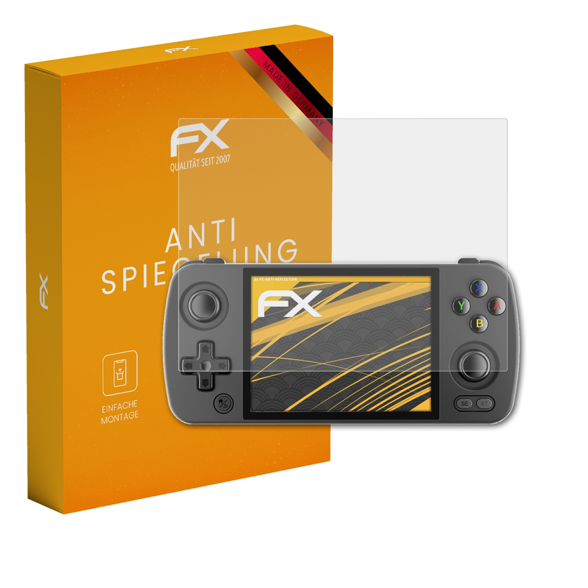 Orangefarbene Box mit Handheld-Spielkonsole und Displayschutz. Text sagt ANTI-SPIEGELUNG, FX-Logo.