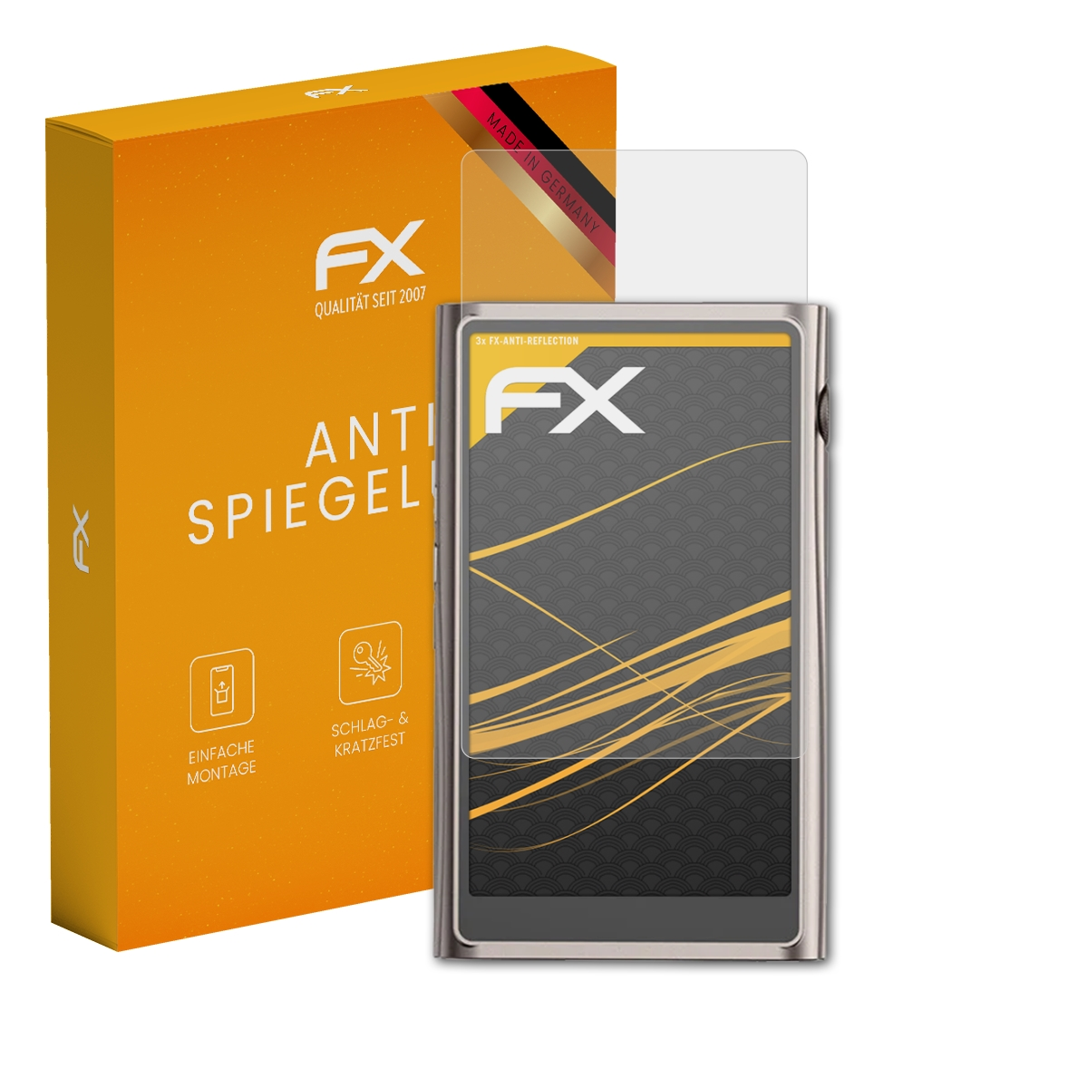 Ein digitaler Audio-Player, eine Displayschutzfolie und eine Box mit dem FX-Logo.
