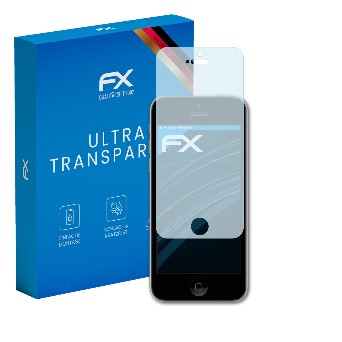 Schwarzes Smartphone mit klarem Displayschutz und einer blauen FX-Box links.