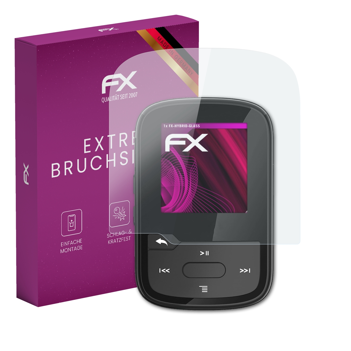 Ein MP3-Player mit Displayschutzfolie und FX-Logo-Box.