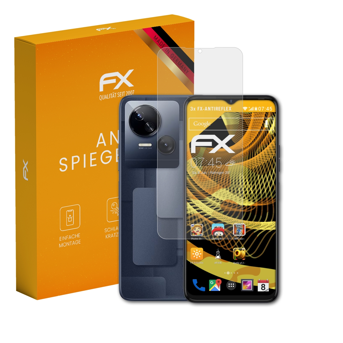 Orange Box mit FX, Smartphone und Displayschutz. Smartphone auf weißem Hintergrund.