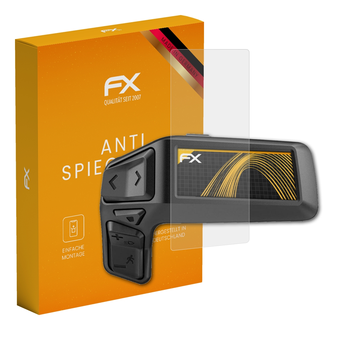 Ein Gerät mit Displayschutzfolie und einer orangefarbenen Box. Der Schutz ist klar.